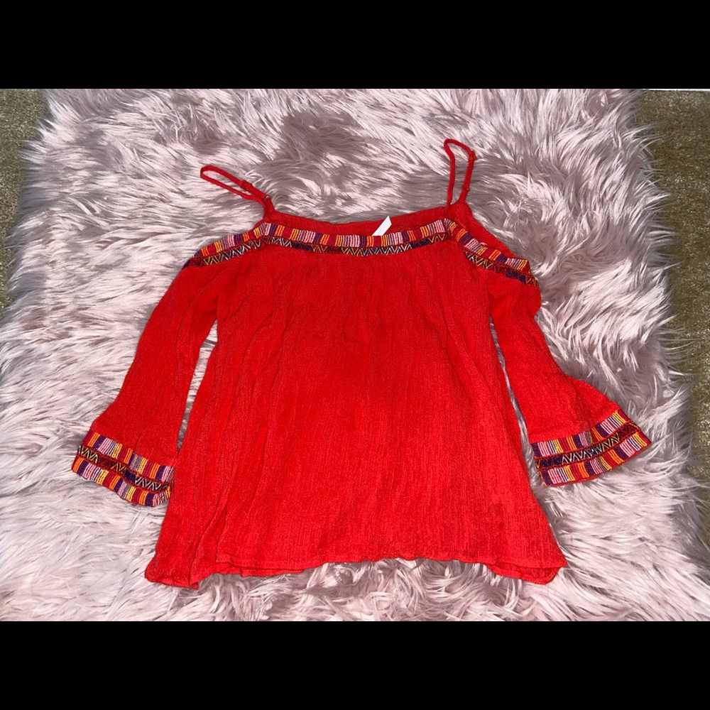 Red cold shoulder top with colorful lining